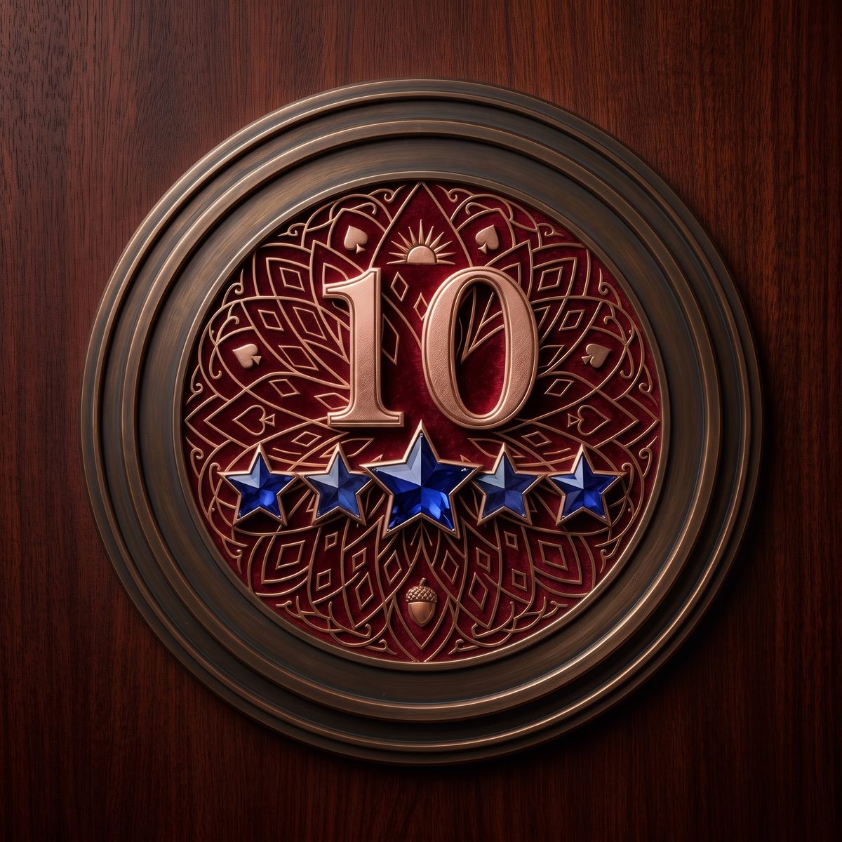 A bronze medallion on dark walnut, marked 10 with five stars